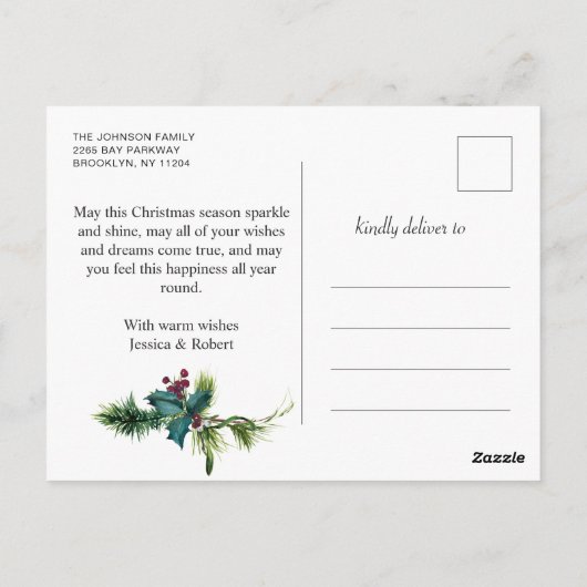 エレガントクリスマスホリー松フレームの写真グリーティング ポストカード (裏面)