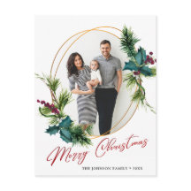エレガントクリスマスホリー松フレームの写真グリーティング