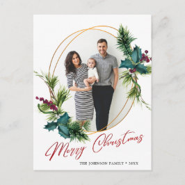 エレガントクリスマスホリー松フレームの写真グリーティング ポストカード