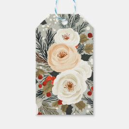 エレガントクリスマスホワイトローズ&レッドウィンターベリー ギフトタグ
