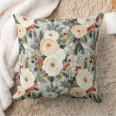 エレガントクリスマスホワイトローズ&レッドウィンターベリー クッション (ブランケット)