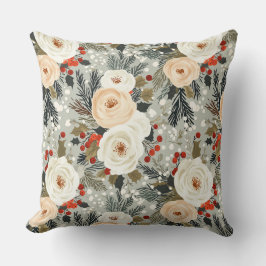 エレガントクリスマスホワイトローズ&レッドウィンターベリー クッション