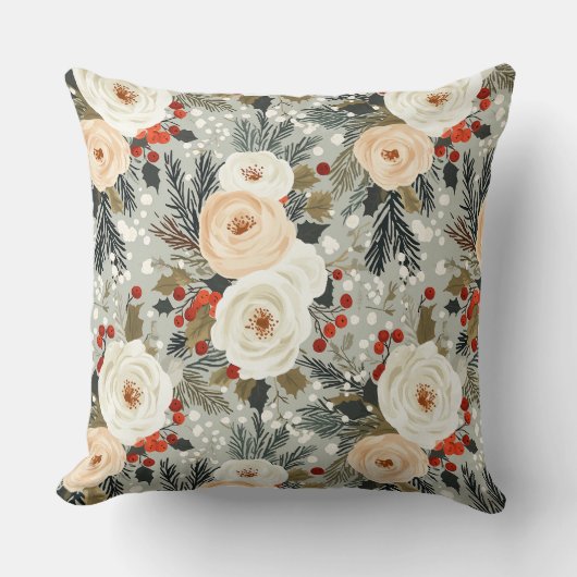 エレガントクリスマスホワイトローズ&レッドウィンターベリー クッション (正面)