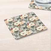 エレガントクリスマスホワイトローズ&レッドウィンターベリー スクエアペーパーコースター (アングル)