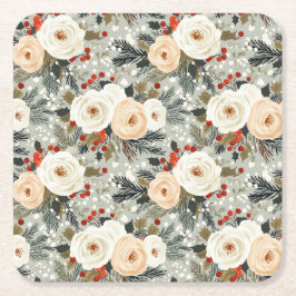 エレガントクリスマスホワイトローズ&レッドウィンターベリー スクエアペーパーコースター