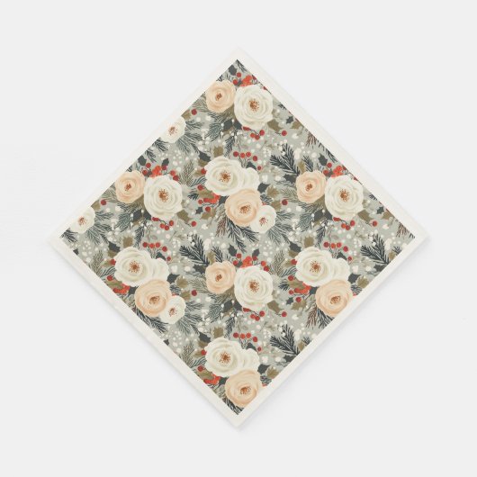 エレガントクリスマスホワイトローズ&レッドウィンターベリー スタンダードランチョンナプキン (角)
