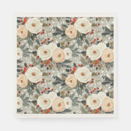 エレガントクリスマスホワイトローズ&レッドウィンターベリー スタンダードランチョンナプキン