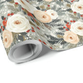 エレガントクリスマスホワイトローズ&レッドウィンターベリー ラッピングペーパー (ロールコーナー)