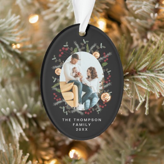 エレガントクリスマスボタニカルブラックレッドホリー写真 オーナメント (ツリー)