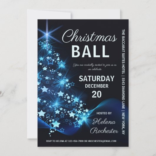 エレガントクリスマスボールブルーツリーホリデーパーティー 招待状 (正面)