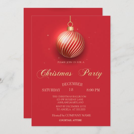 エレガントクリスマスボールレッドクリスマスカンパニーパーティー 招待状 (正面/裏面)
