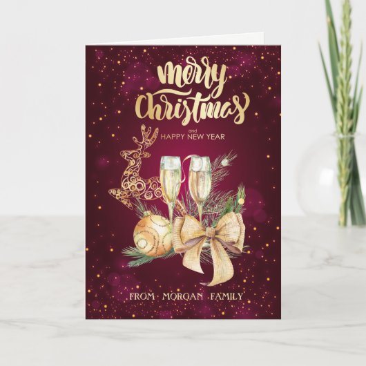 エレガントクリスマスボール、トナカイ、ワイングラス、ボウ シーズンカード (正面)