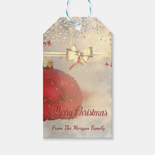 エレガントクリスマスボール、弓、紙吹雪 ギフトタグ (正面)