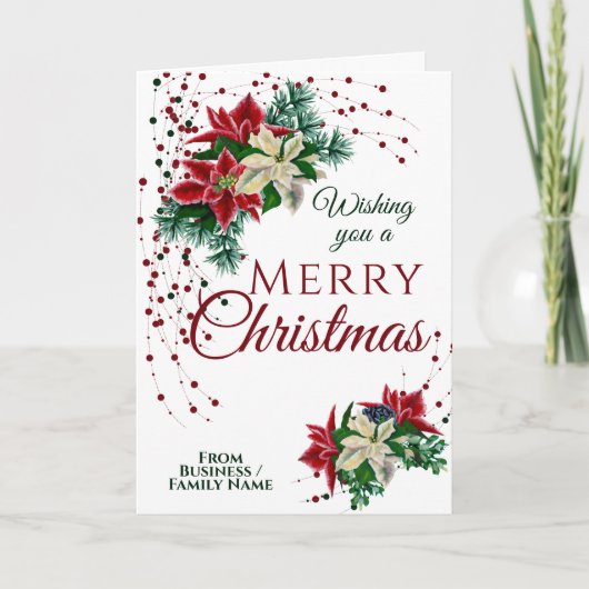 エレガントクリスマスポインセチアフローラフラワーホワイト シーズンカード (正面)