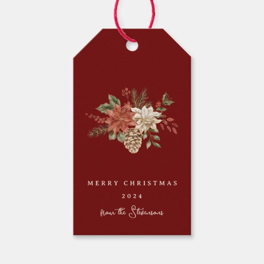 エレガントクリスマスポインセチア濃赤色 ギフトタグ (正面)