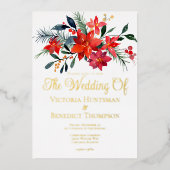 エレガントクリスマスポインセチア結婚フローラ金ゴールド 箔招待状 (正面)