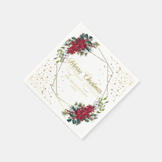 エレガントクリスマスポインセチア金ゴールド紙吹雪 スタンダードカクテルナプキン (角)