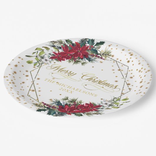 エレガントクリスマスポインセチア金ゴールド紙吹雪 ペーパープレート (アングル)