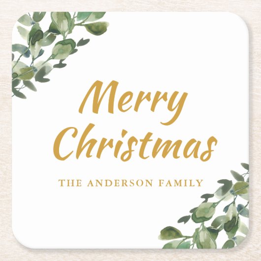 エレガントクリスマスユーカリの水色 スクエアペーパーコースター (正面)
