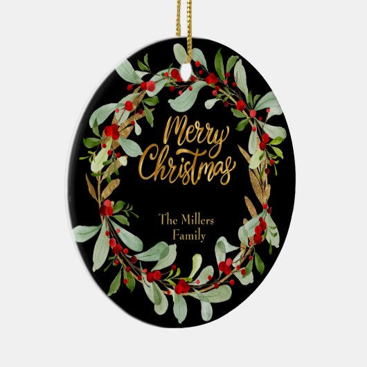 エレガントクリスマスリースカスタマイズ可能な名前ブラック セラミックオーナメント (右)