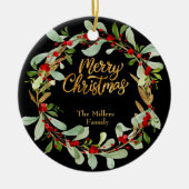 エレガントクリスマスリースカスタマイズ可能な名前ブラック セラミックオーナメント (正面)