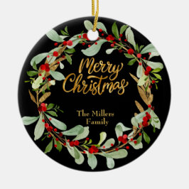 エレガントクリスマスリースカスタマイズ可能な名前ブラック セラミックオーナメント