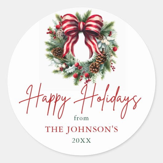 エレガントクリスマスリースハッピーホリデー ラウンドシール (正面)