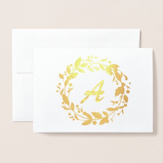 エレガントクリスマスリースファミリーモノグラム金ゴールド 箔カード (封筒付き正面)
