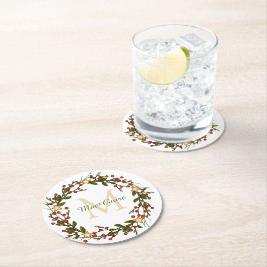 エレガントクリスマスリースモノグラムイニシャル ラウンドペーパーコースター (インサイチュ)