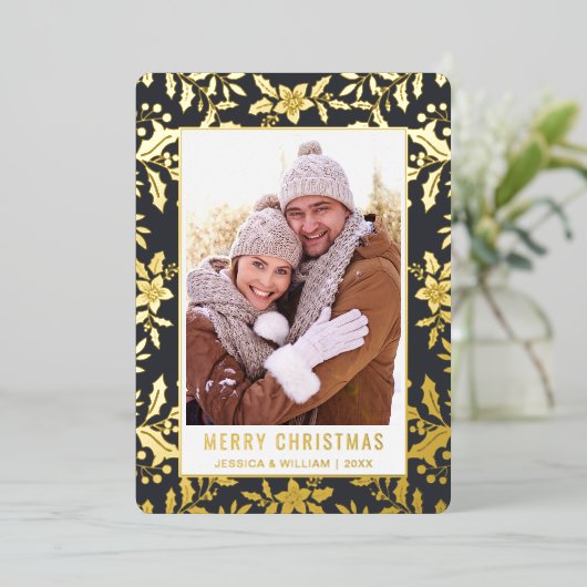 エレガントクリスマスリーフ2フォトゴールドフォイル 箔シーズンカード (立ち正面)