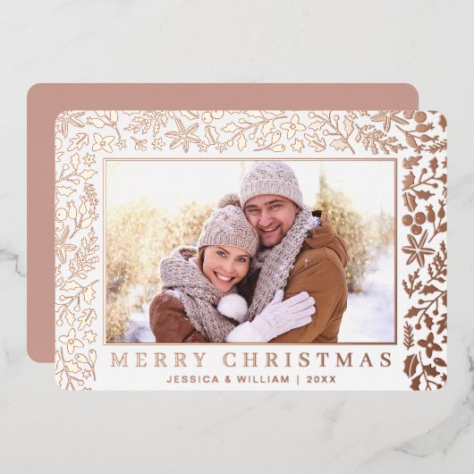 エレガントクリスマスリーフ2フォトバラ金ゴールド 箔シーズンカード (正面/裏面)