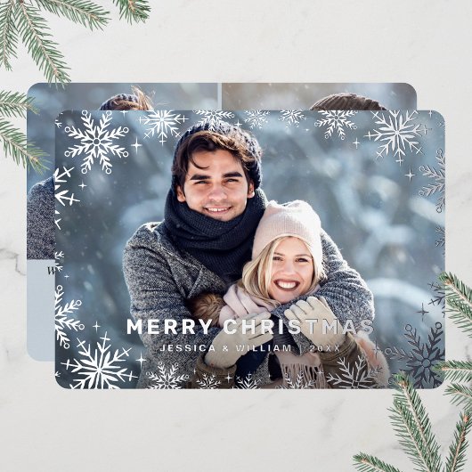 エレガントクリスマスリーフ3フォトシルバー 箔シーズンカード