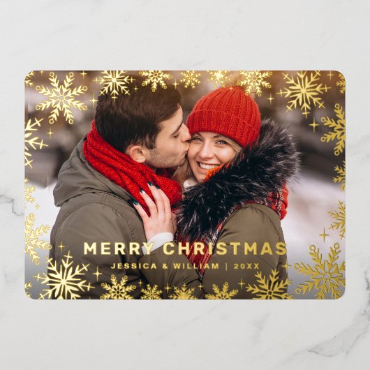エレガントクリスマスリーフ3枚の写真金ゴールド 箔シーズンカード (正面)