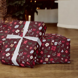 エレガントクリスマスレッドグリーン花柄 ラッピングペーパー