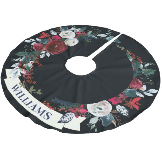 エレガントクリスマスレッド冬バラリースパターン ブラッシュドポリエステルツリースカート (アングル)