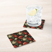 エレガントクリスマスレッド&クリームヴィンテージフローラ スクエアペーパーコースター (インサイチュ)