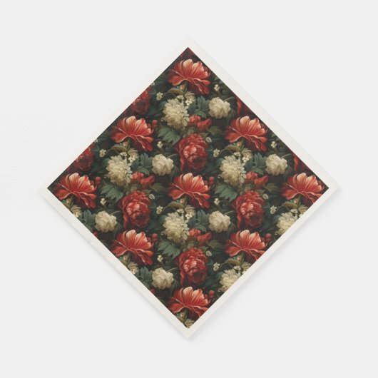 エレガントクリスマスレッド&クリームヴィンテージフローラ スタンダードランチョンナプキン (角)