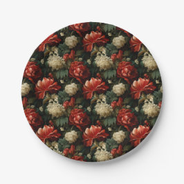 エレガントクリスマスレッド&クリームヴィンテージフローラ ペーパープレート