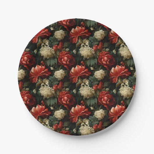 エレガントクリスマスレッド&クリームヴィンテージフローラ ペーパープレート (正面)