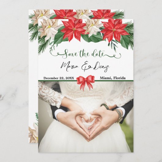 エレガントクリスマス写真ウェディング日付を保存する請求書 招待状 (正面/裏面)