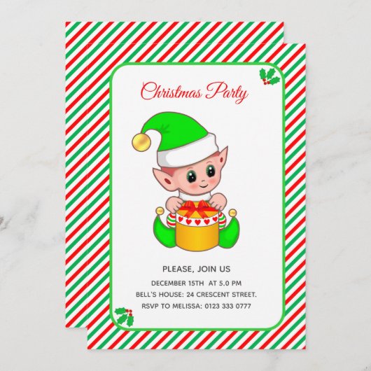 エレガントクリスマス小妖精や小人パーティー 招待状 (正面/裏面)