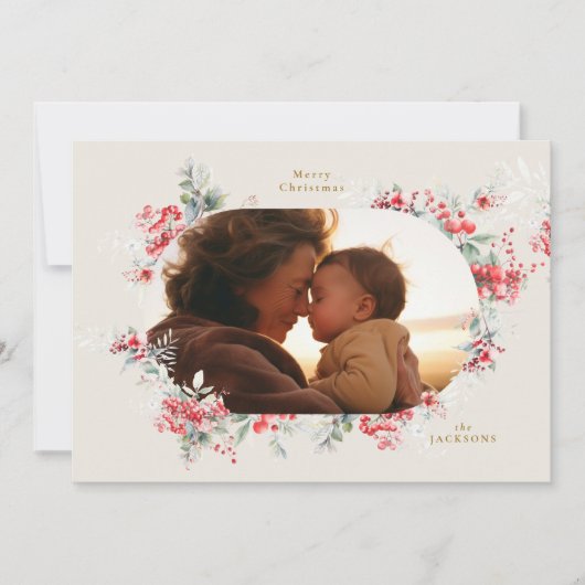 エレガントクリスマス植物豊富なクリーム楕円形の写真 シーズンカード (正面)