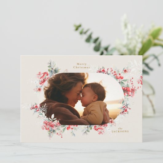 エレガントクリスマス植物豊富なクリーム楕円形の写真 シーズンカード (スタンド正面)