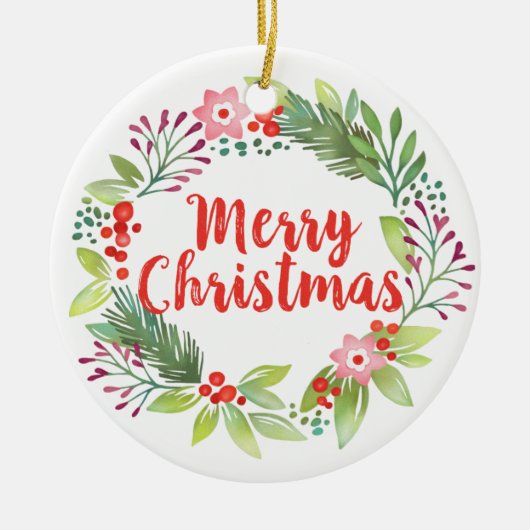エレガントクリスマス水彩リース写真 セラミックオーナメント (正面)