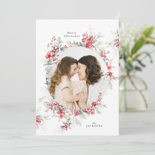 エレガントクリスマス水彩植物卵形写真 シーズンカード (スタンド正面)