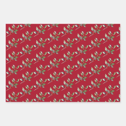 エレガントクリスマス水彩植物赤グリーン ラッピングペーパーシート (正面3)