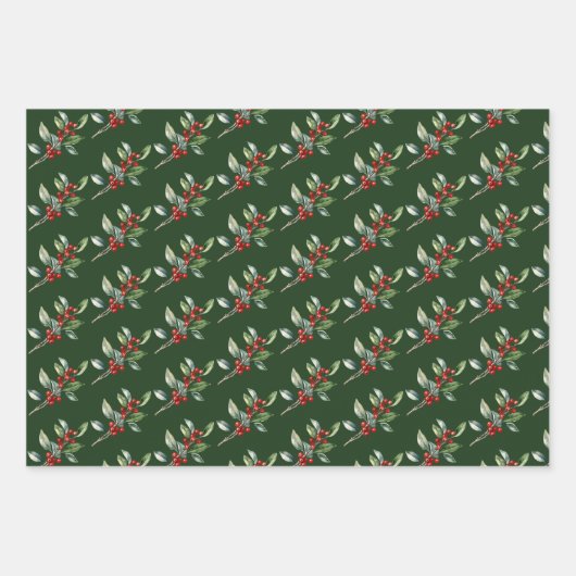 エレガントクリスマス水彩植物赤グリーン ラッピングペーパーシート (正面2)