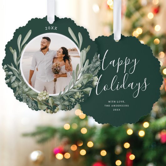 エレガントクリスマス緑の植物写真ホリデー オーナメントカード