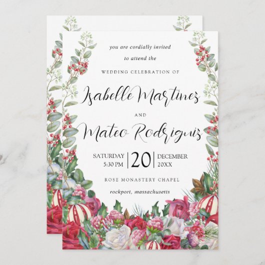 エレガントクリスマス緑の赤いフローラ結婚ズ 招待状 (正面/裏面)
