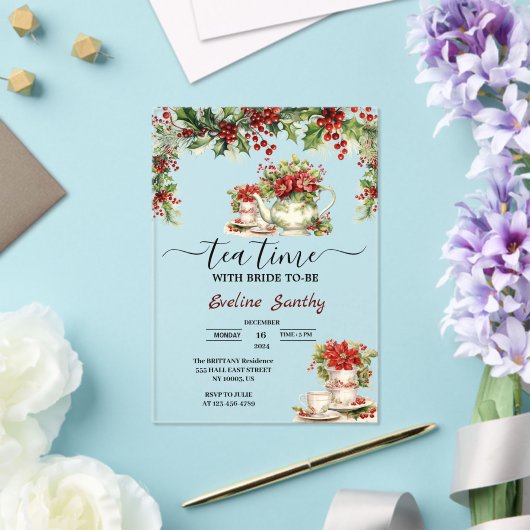 エレガントクリスマス茶パーティーフローラブライダルシャワー アクリル招待状 (インサイチュ (ウェディング))